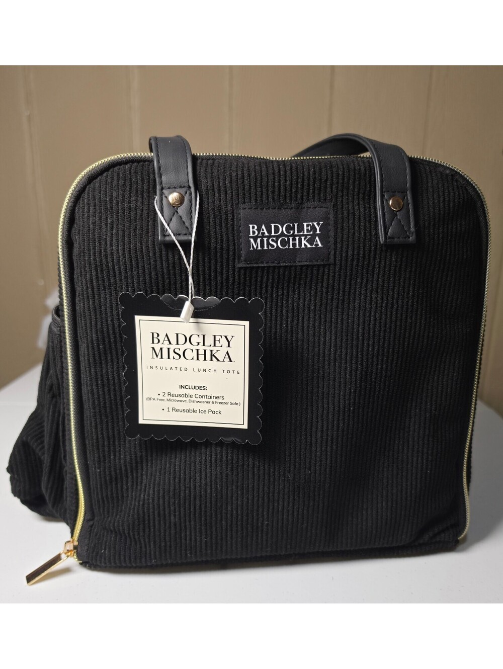 Badgley Mischka Black Insulated Lunch Tote with Reusable Containers and Ice Pack